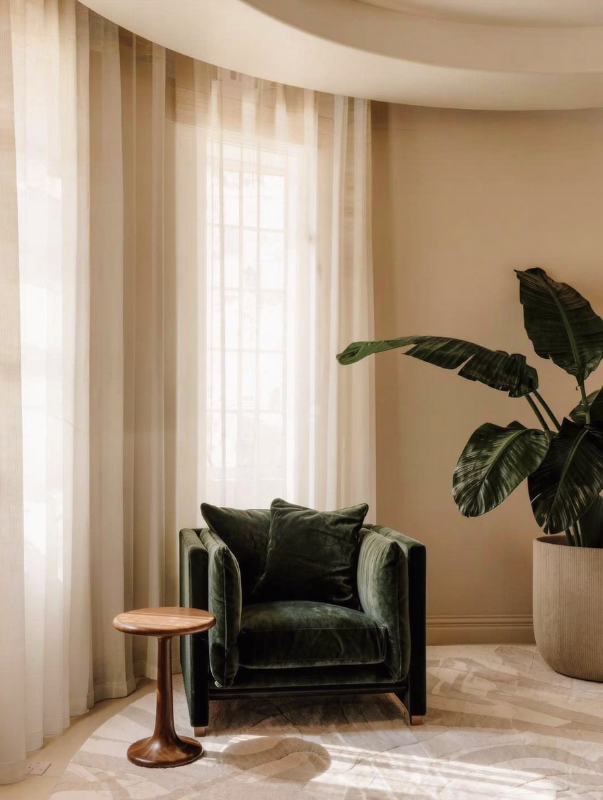 Sillón verde de terciopelo junto a una ventana con cortinas claras y una planta grande