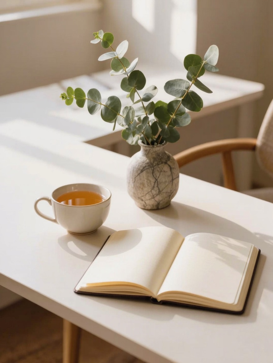 Escritorio luminoso con una taza de té, un cuaderno abierto y ramas de eucalipto